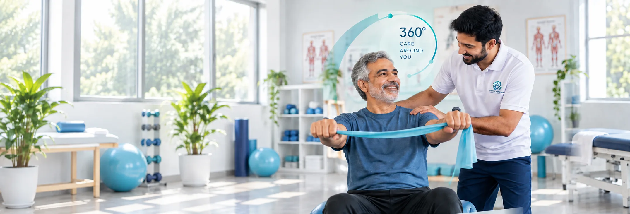 A physiotherapist supporting an older patient during resistance-band rehabilitation