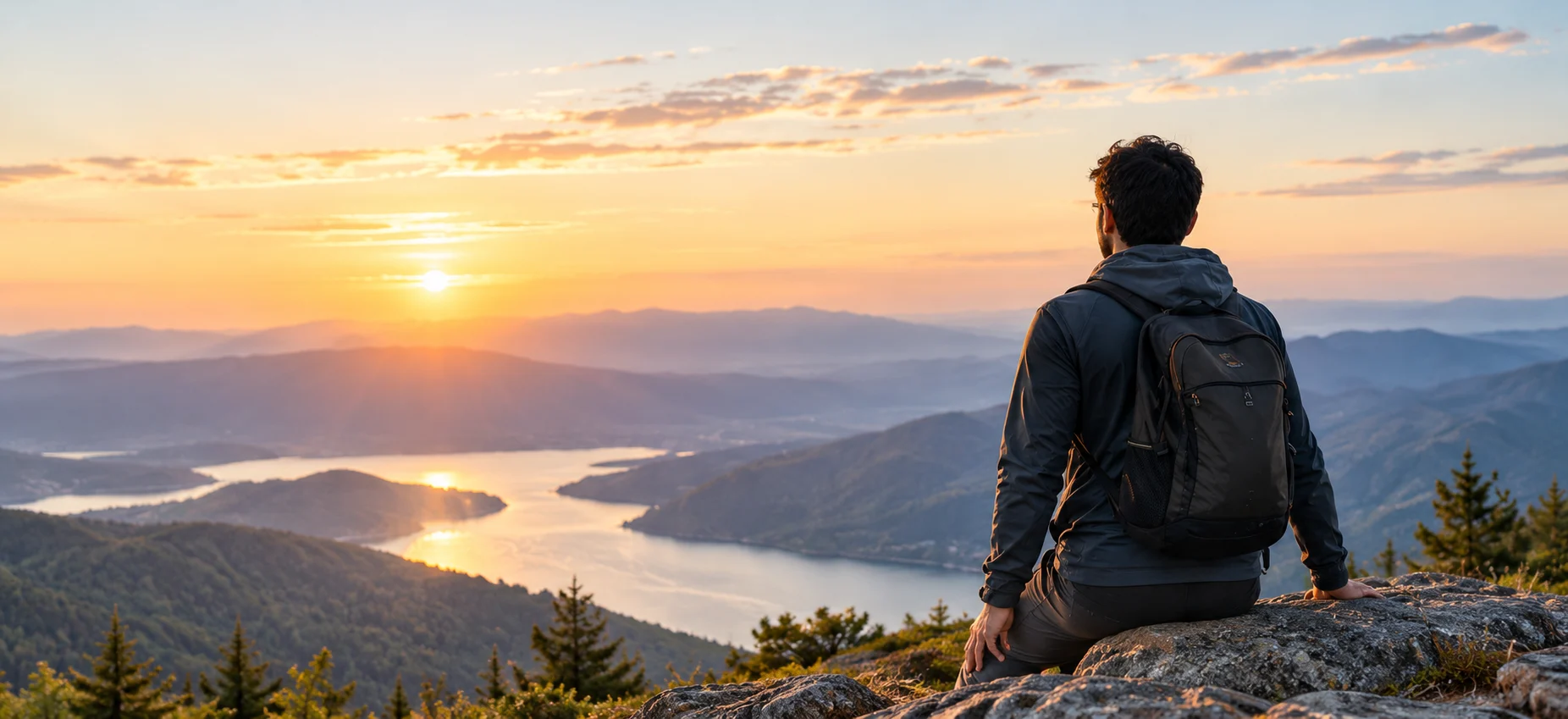 A hiker overlooking mountains and a lake at sunrise