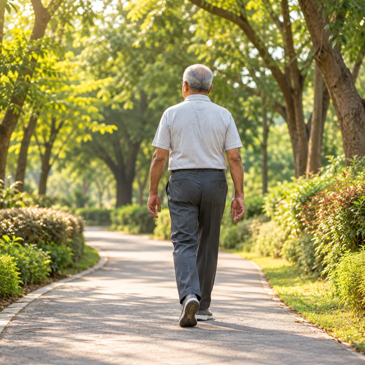 Older man walking independently along a leafy path