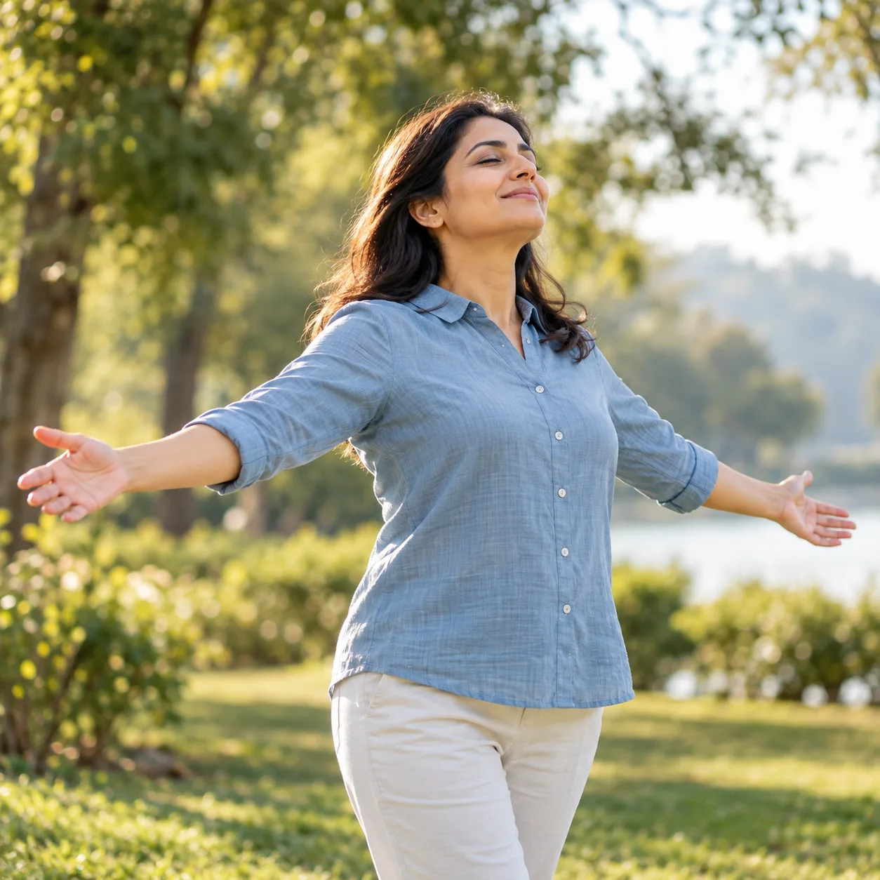 Woman moving freely outdoors without pain