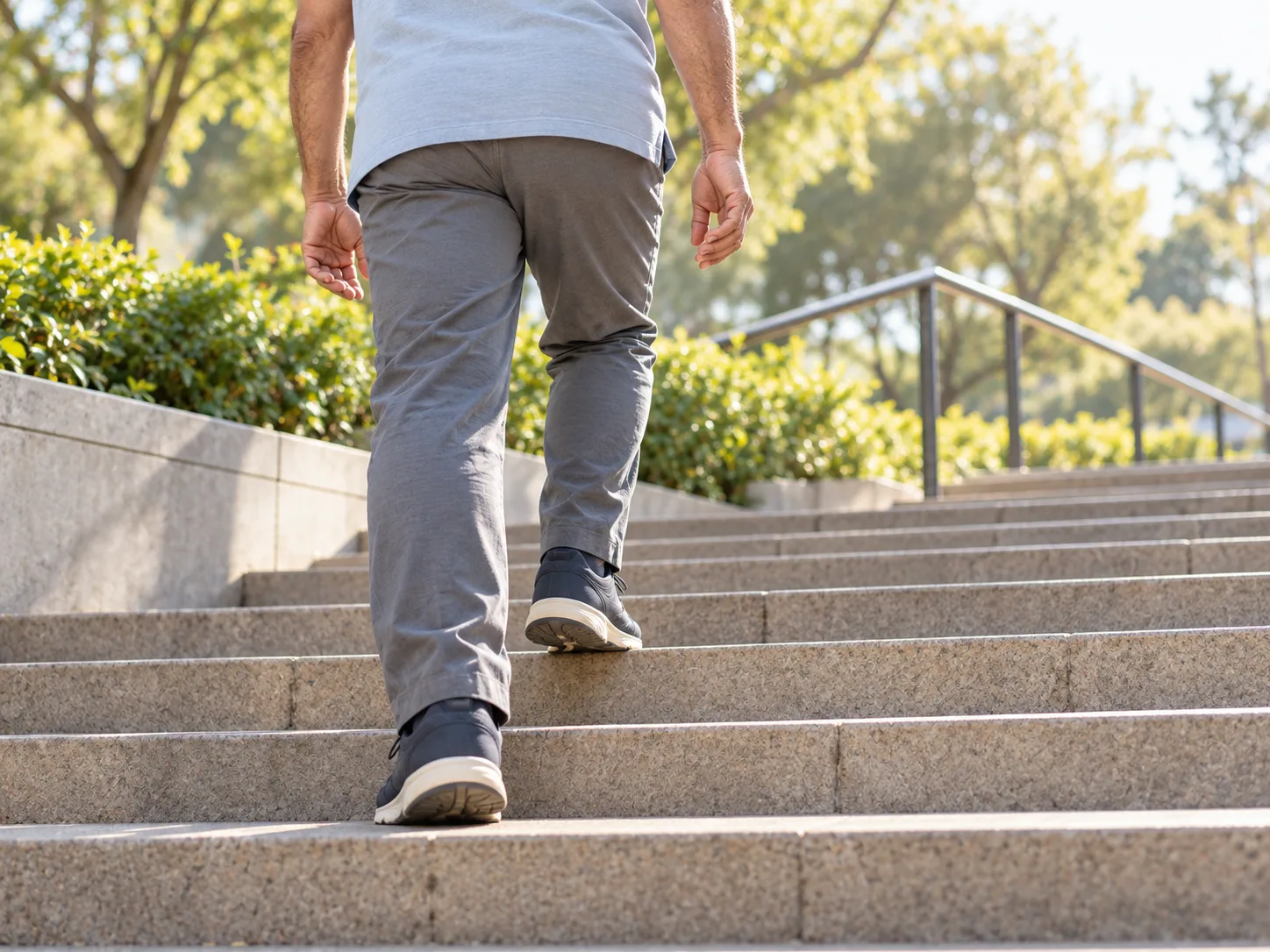Person walking confidently up stairs